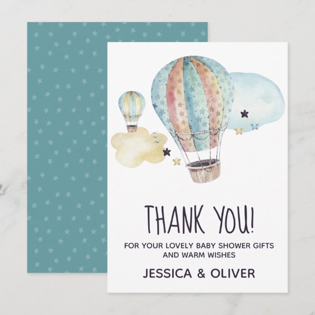 Hot Air Balloon Party in Blue Thank You Card (Front/Back)