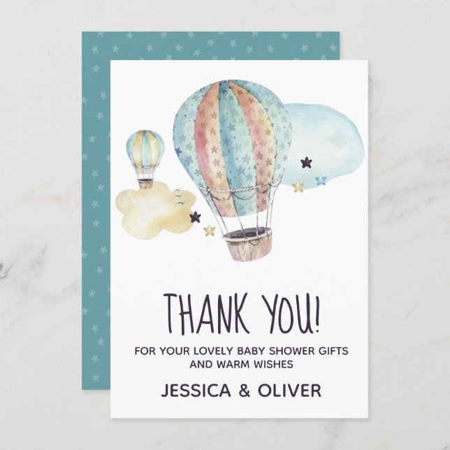 Hot Air Balloon Party in Blue Thank You Card (Front/Back)