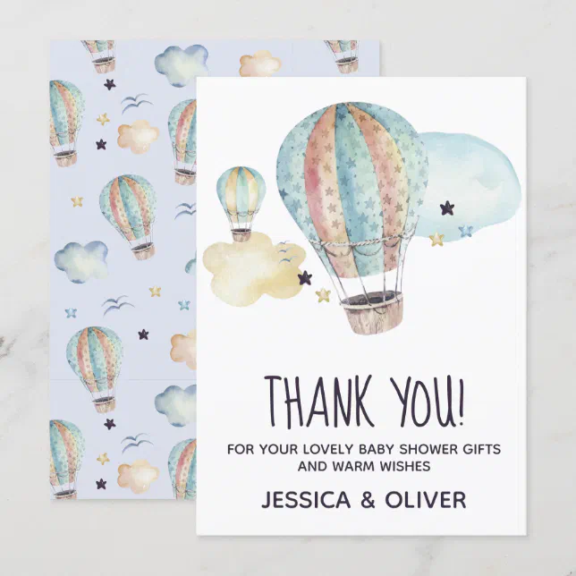 Hot Air Balloon Party in Blue Thank You Card | Zazzle