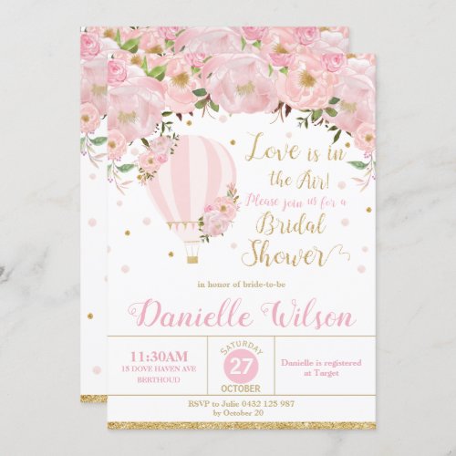 Hot Air Balloon Pink Blush Floral Bridal Shower Invitation