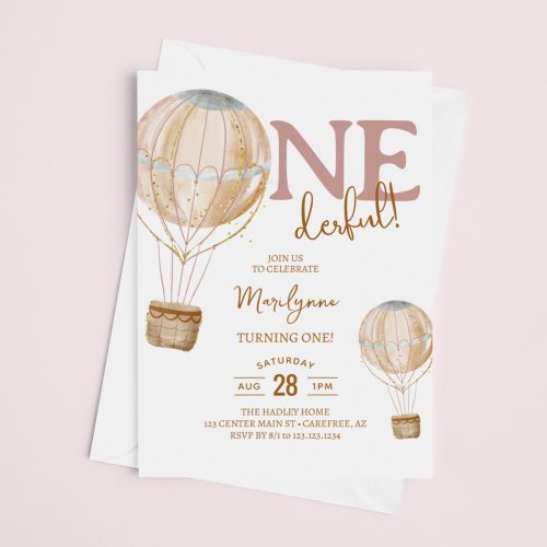 Hot Air Balloon Pink Boho 1st Birthday Invitation