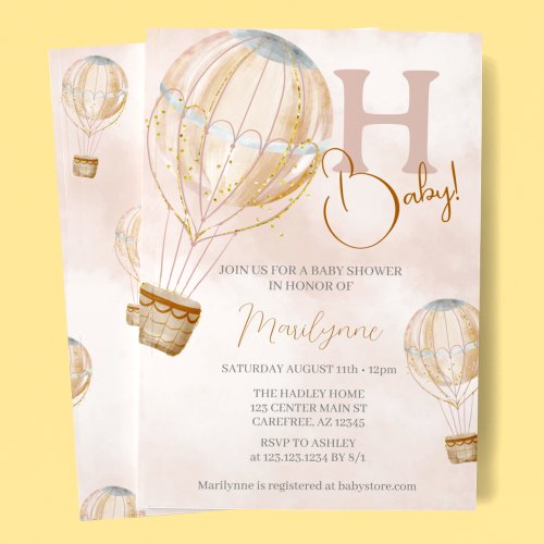 Hot Air Balloon Pink Boho Baby Shower Invitation