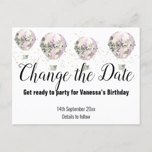 Hot Air Balloon Pink Change the Date White Announcement Postcard
