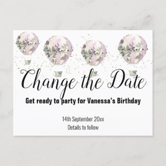 Hot Air Balloon Pink Change the Date White Announcement Postcard