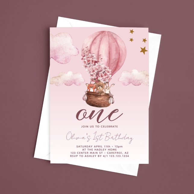 Hot Air Balloon Pink Floral 1st Birthday Invitation (Creator Uploaded)