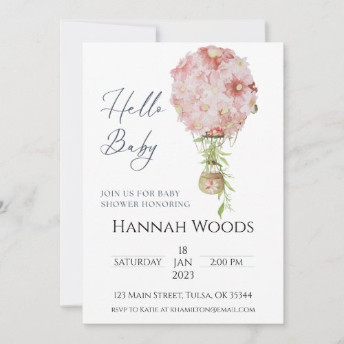 Hot Air Balloon Pink Floral Baby Shower Invitation