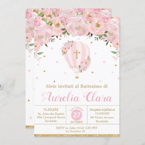 Hot Air Balloon Pink Floral Baptism Christening In Invitation