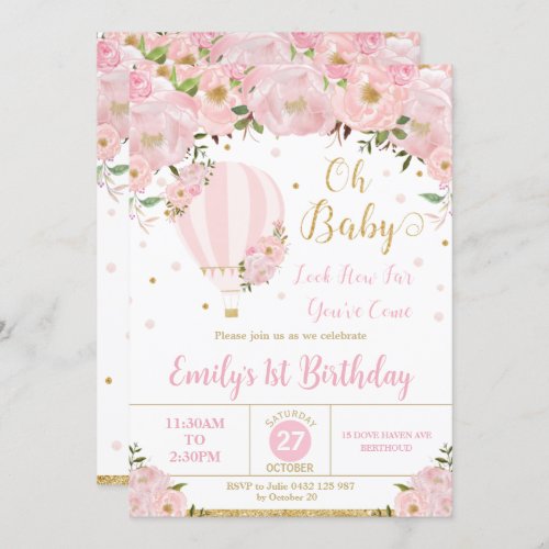 Hot Air Balloon Pink Floral Flowers 1st Birthday  Invitation