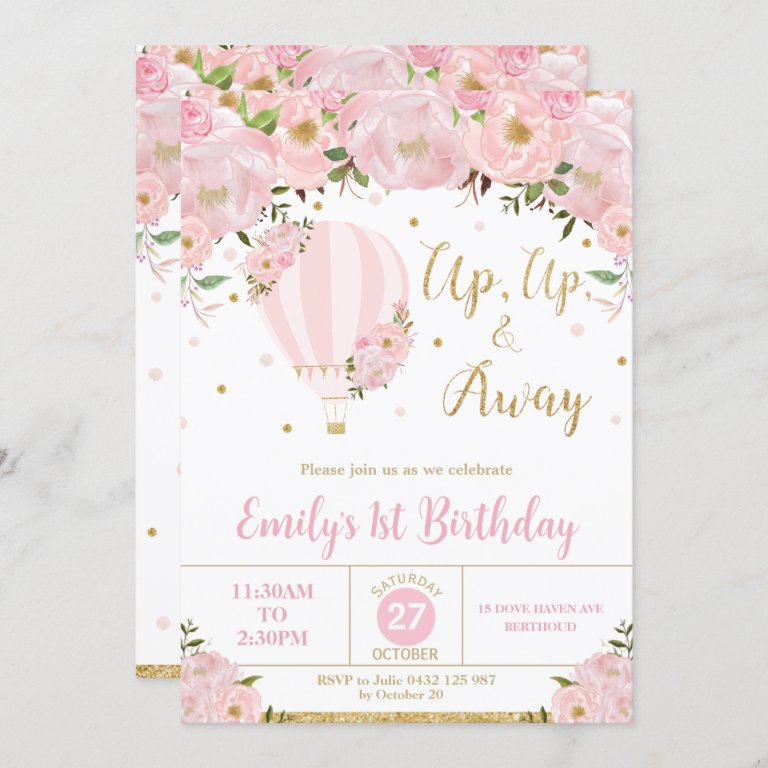 Hot Air Balloon Pink Floral Flowers 1st Birthday Invitation