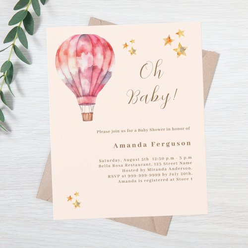 Hot air balloon pink girl Baby Shower invitation