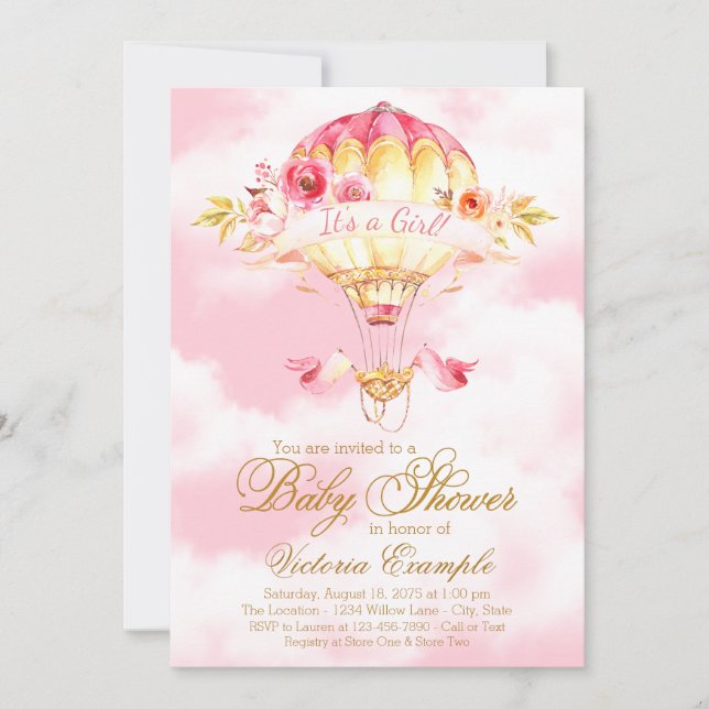 Hot Air Balloon Pink Gold Baby Shower Invitations (Front)