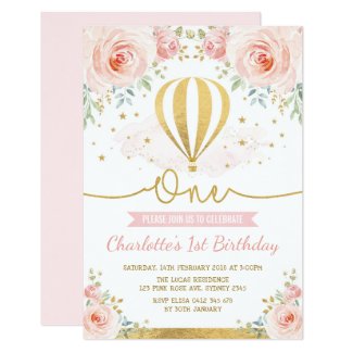 Hot Air Balloon Pink Gold Floral Girl 1st Birthday Invitation