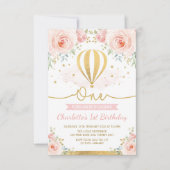 Hot Air Balloon Pink Gold Floral Girl 1st Birthday Invitation (Front)