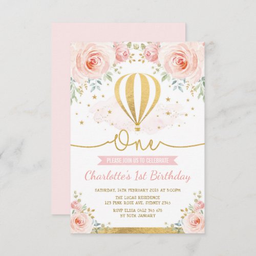 Hot Air Balloon Pink Gold Floral Girl 1st Birthday Invitation