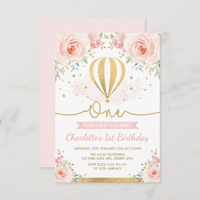 Hot Air Balloon Pink Gold Floral Girl 1st Birthday Invitation (Front/Back)