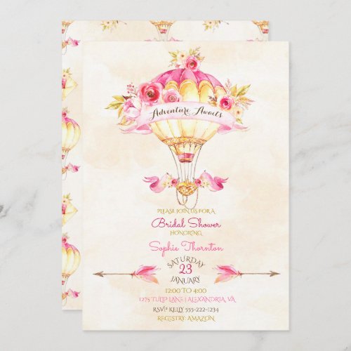 Hot Air Balloon Pink Gold Yellow Arrows Roses Invitation