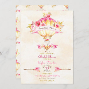 Hot Air Balloon Pink Gold Yellow Arrows Roses Invitation