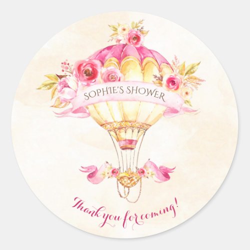 Hot Air Balloon Pink Gold Yellow Roses Classic Round Sticker