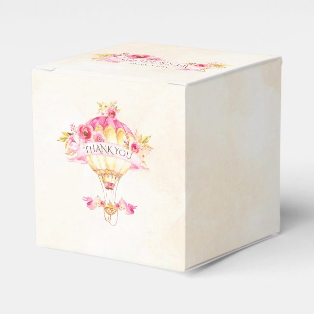 Hot Air Balloon Pink Gold Yellow Roses Favor Boxes (Front Side)