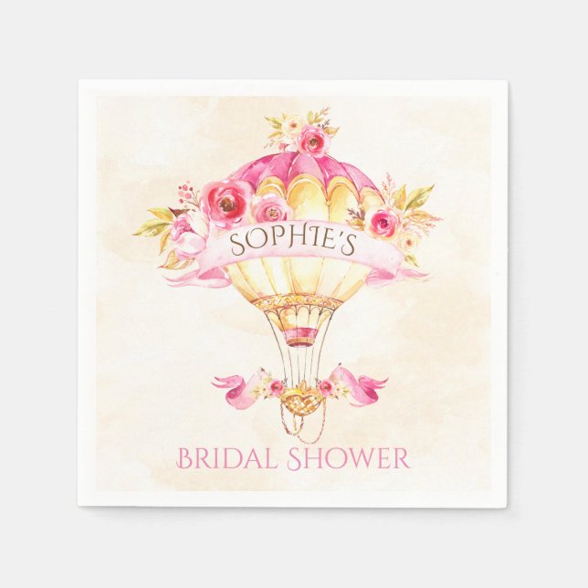 Hot Air Balloon Pink Gold Yellow Roses Napkins (Front)