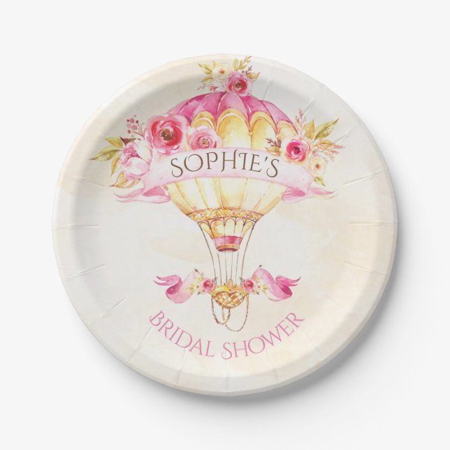 Hot Air Balloon Pink Gold Yellow Roses Paper Plates (Front)