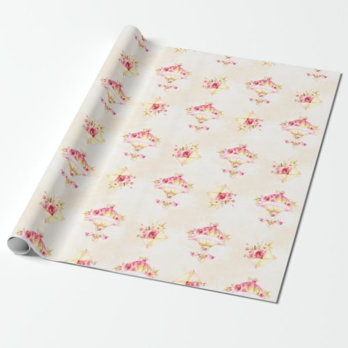 Hot Air Balloon Pink Gold Yellow Roses Wrapping Paper