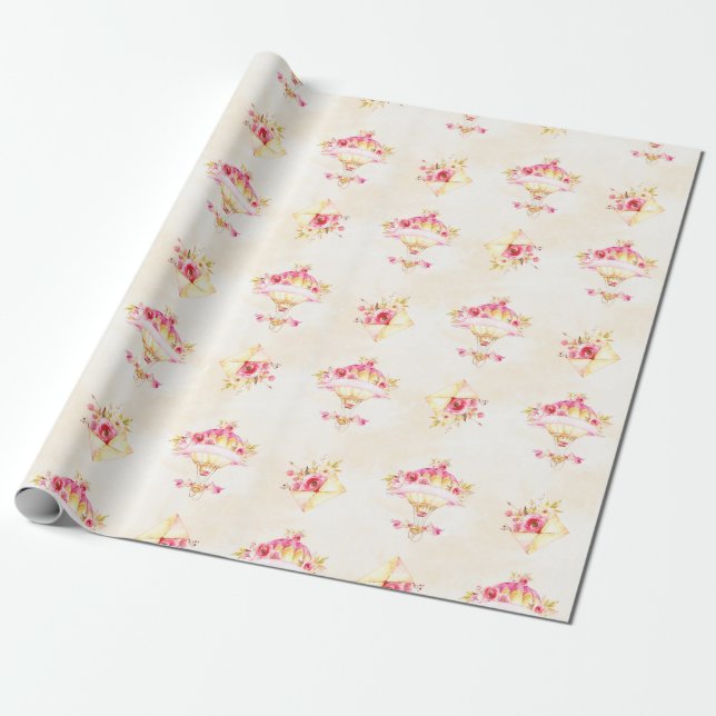 Hot Air Balloon Pink Gold Yellow Roses Wrapping Paper (Unrolled)