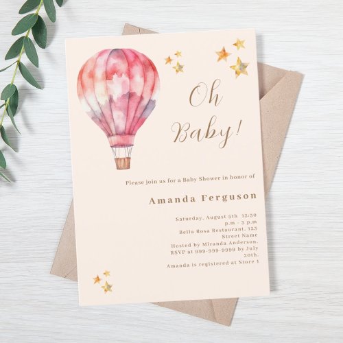 Hot air balloon pink peach girl Baby Shower Invitation