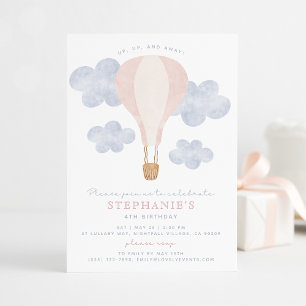 Hot Air Balloon Pink Watercolor Baby Girl Birthday Invitation