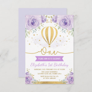 Hot Air Balloon Purple Gold Floral 1st Birthday Invitation