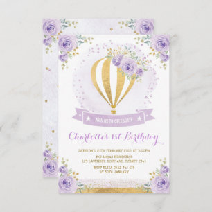 Hot Air Balloon Purple Gold Floral 1st Birthday Invitation