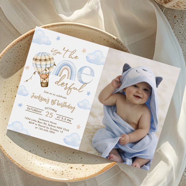 Hot Air Balloon Rainbow Boy 1st Birthday Photo Invitation (Creator Uploaded)