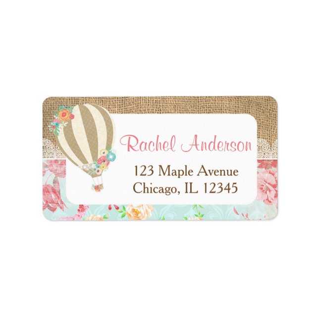 Hot air balloon return address labels, burlap lace label (Front)