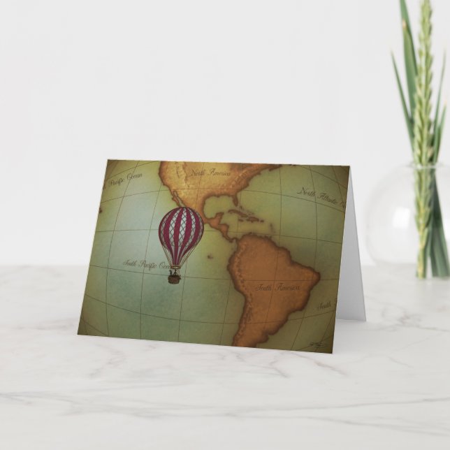 Hot Air Balloon Ride Over Western Hemisphere Map Note Card (Front)