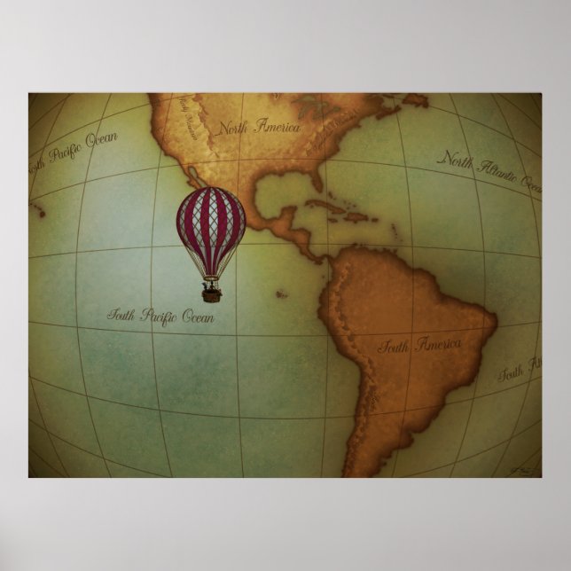 Hot Air Balloon Ride Over Western Hemisphere Map Poster (Front)