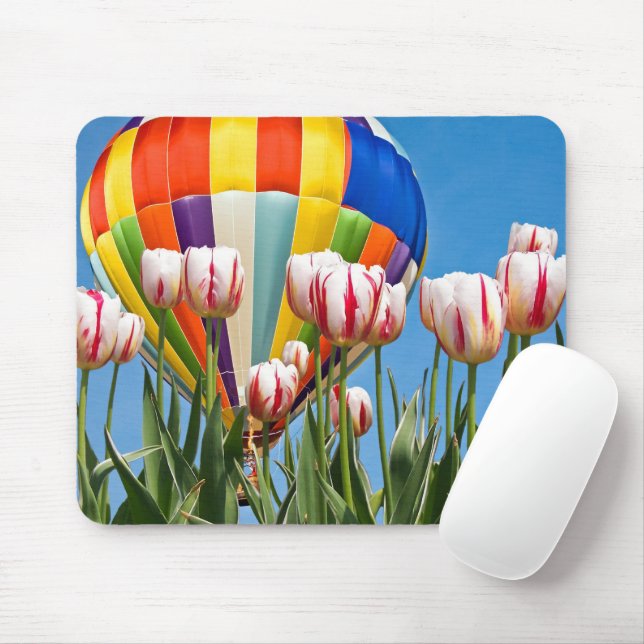 Hot Air Balloon Rising Above Tulip Garden Mouse Pad (With Mouse)