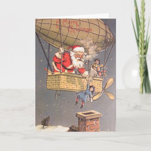 Hot Air Balloon Santa Claus Vintage Greeting Card