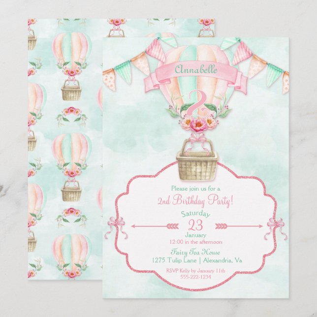 Hot Air Balloon Second Birthday Pink Mint Peach Invitation (Front/Back)