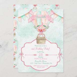 Hot Air Balloon Second Birthday Pink Mint Peach Invitation