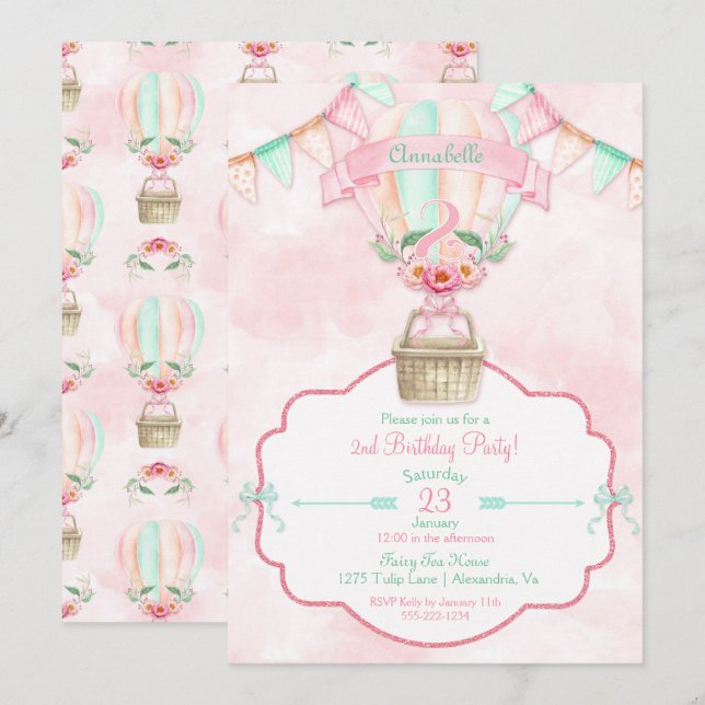 Hot Air Balloon Second Birthday Pink Mint Peach Invitation (Front/Back)