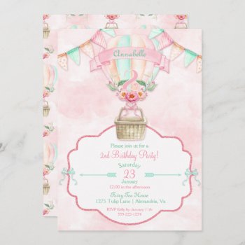 Hot Air Balloon Second Birthday Pink Mint Peach Invitation by HydrangeaBlue at Zazzle