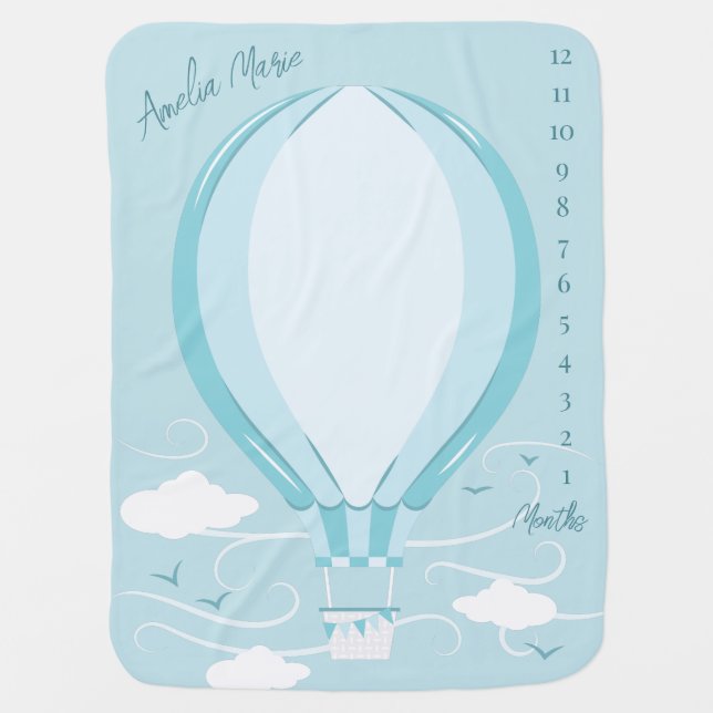 Hot Air Balloon Shower Blue Milestone Baby Blanket (Front)