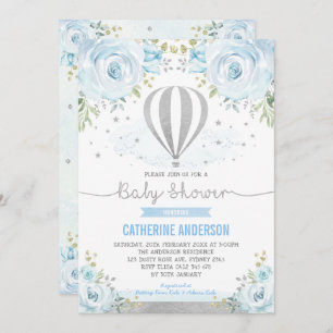 Hot Air Balloon Silver Blue Floral Baby Shower Invitation
