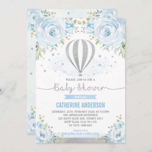 Hot Air Balloon Silver Blue Floral Baby Shower  Invitation