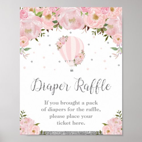 Hot Air Balloon Silver Pink Floral Diaper Raffle Poster