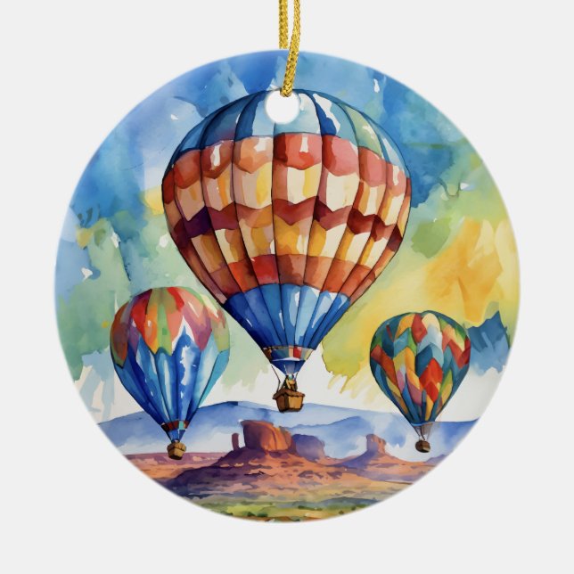 Hot Air Balloon Southwest Arizona Watercolor Ceramic Ornament (Front)