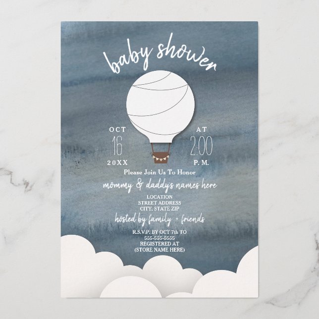 Hot Air Balloon Stars Neutral Baby Shower Foil Invitation (Front)