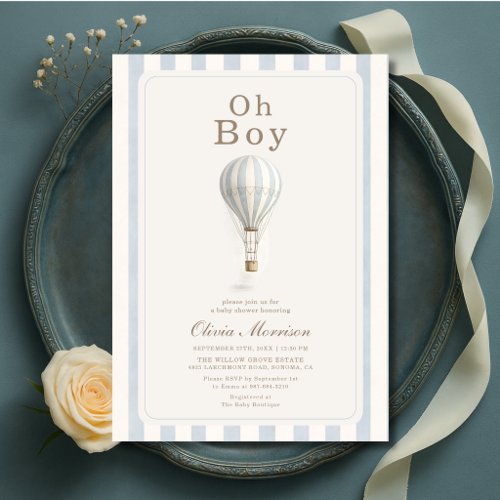 Hot Air Balloon Stripes Blue Baby Shower Invitation