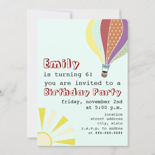 Hot Air Balloon  Sun Birthday Party Invitation