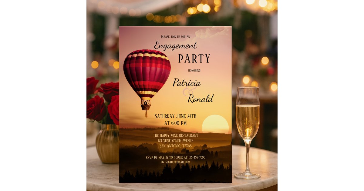 Max Air Invitations Hot Air Balloon Sunset Engagement Invitation | Zazzle